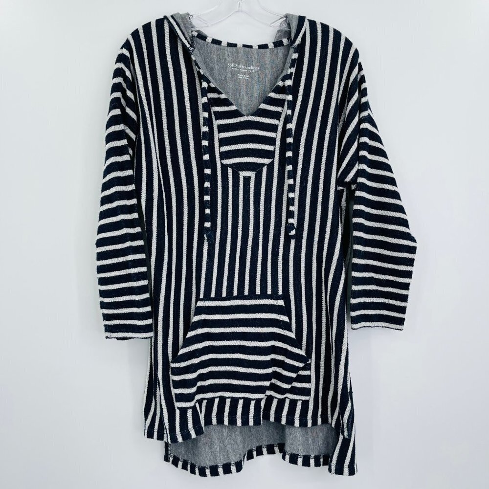 Soft Surroundings Offshore Pullover Sweater Navy Striped Hooded Baja Cover Up SP